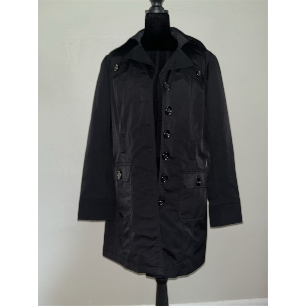 New York & Co Button Up Knee Length Rain Coat L Black Lined Excellent